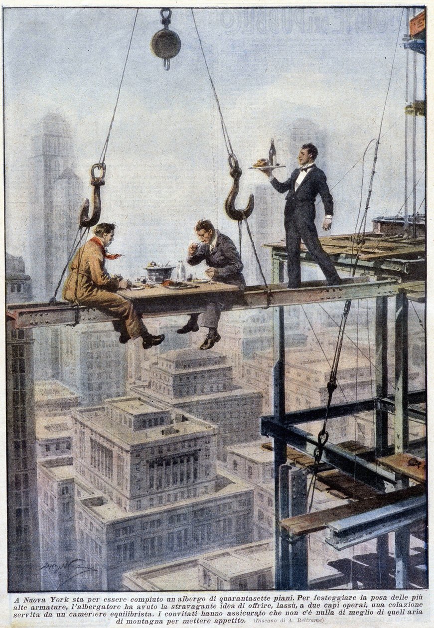 Refeição de dois capatazes em equilíbrio no quadro de um arranha-céus em Nova Iorque - desenho de A. Beltrame, em "La Domenica del Corriere". de Achille Beltrame