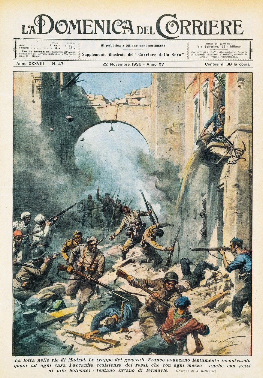 Melee nas ruas de Madrid durante a Guerra Civil Espanhola, Achille Beltrame (1871-1945), de La Domenica del Corriere, 22 de Novembro de Achille Beltrame