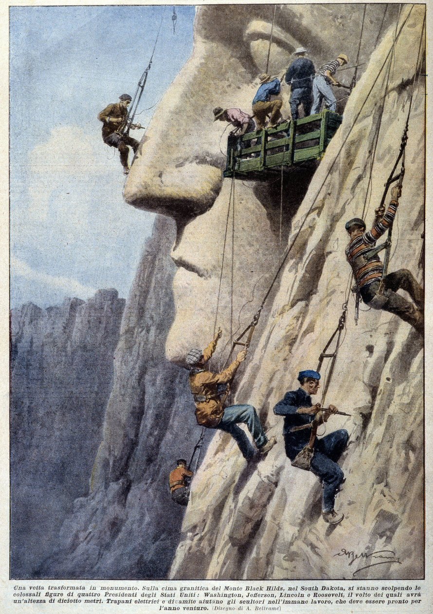 Homens escalando um penhasco de granito e escultores trabalhando, para a construção do monumento dos presidentes americanos do Monte Black Hilds - desenho de A. Beltrame, em "La Domenica del Corriere". de Achille Beltrame