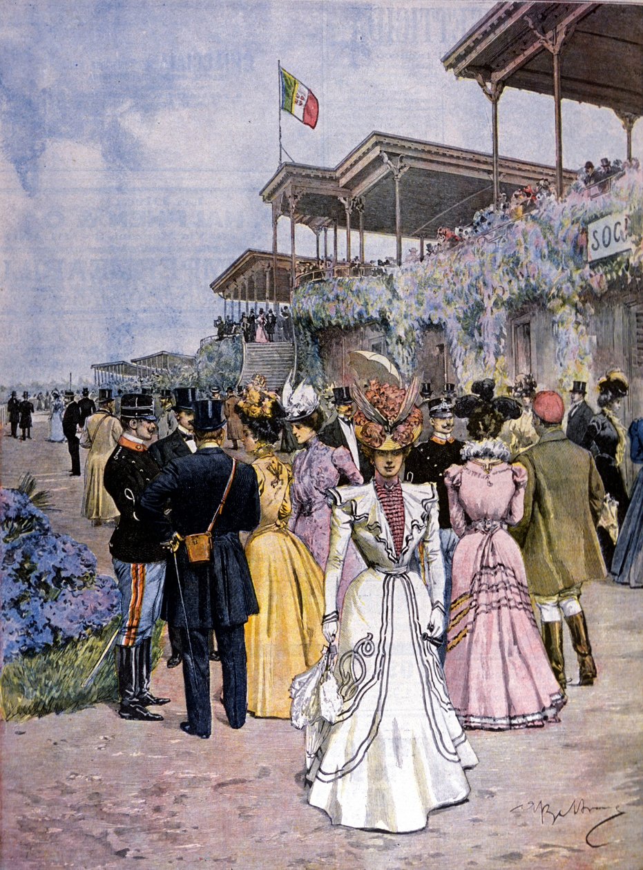 Milão: as corridas de cavalos no hipódromo de San Siro: prêmio do Premio del commercio. Ilustração de Beltrame. La Domenica del corriere. 1899. de Achille Beltrame