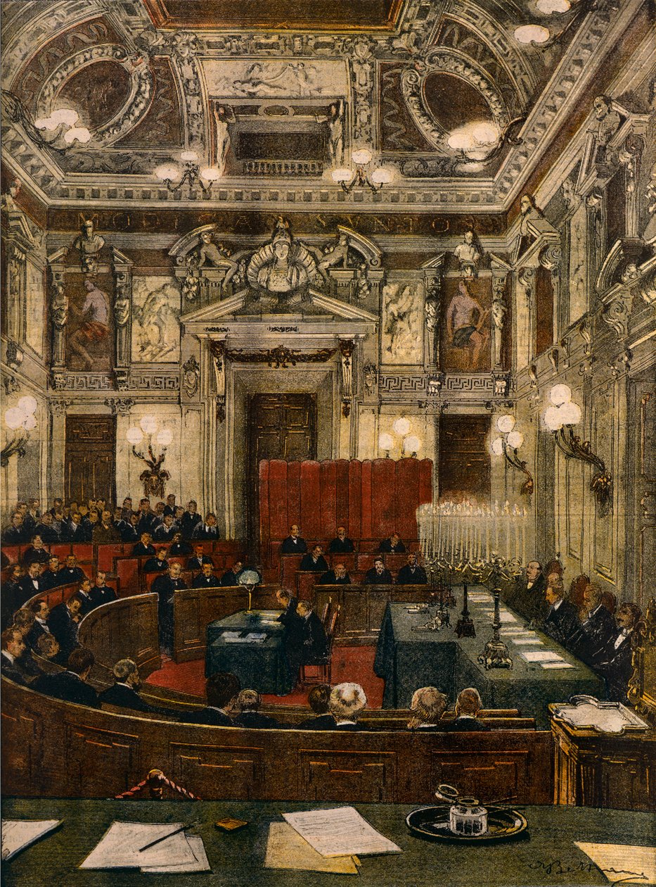 Novo Conselho Municipal de Milão em sessão, por Achille Beltrame (1871-1945), de La Domenica del Corriere de Achille Beltrame