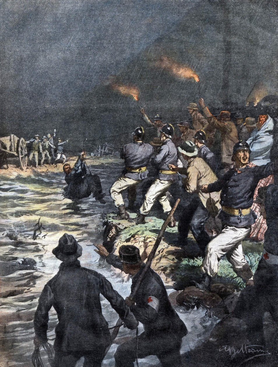 Milagroso resgate de carroceiros bloqueados numa ilha no rio Serio, perto de Bergamo - Ilustração de Beltrame em "La Domenica del Corriere" 10/1909 de Achille Beltrame