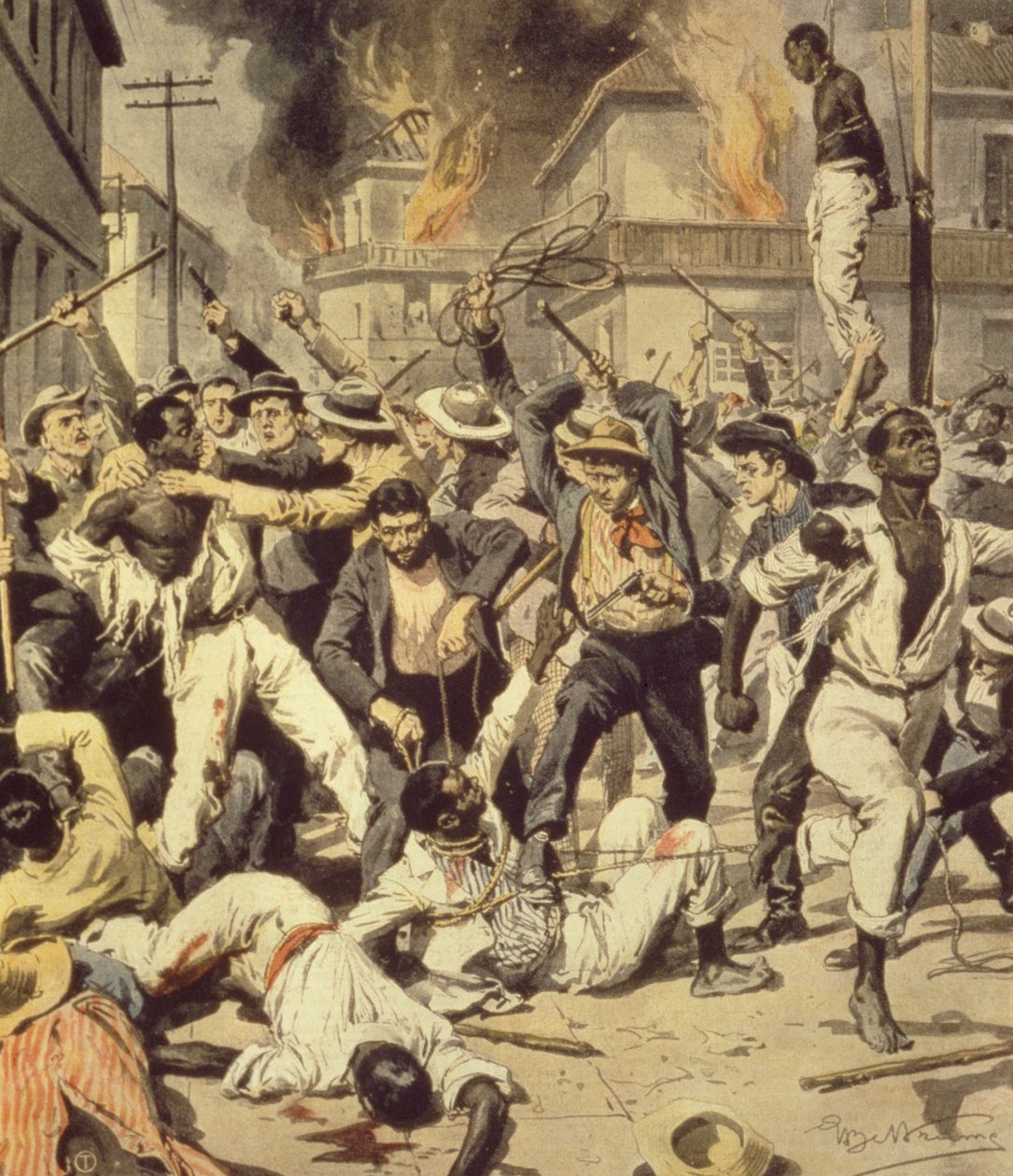 Mob caçando negros em Springfield, Illinois, Achille Beltrame (1871-1945) de La Domenica del Corriere, agosto de 1908 de Achille Beltrame