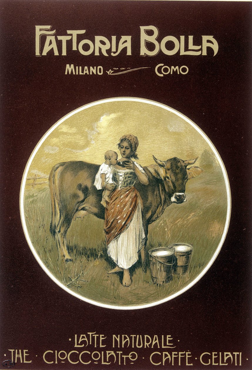 Mãe fazendo seu bebê beber leite de vaca - Fattoria Bolla cartaz publicitário (cartaz) de Achille Beltrame