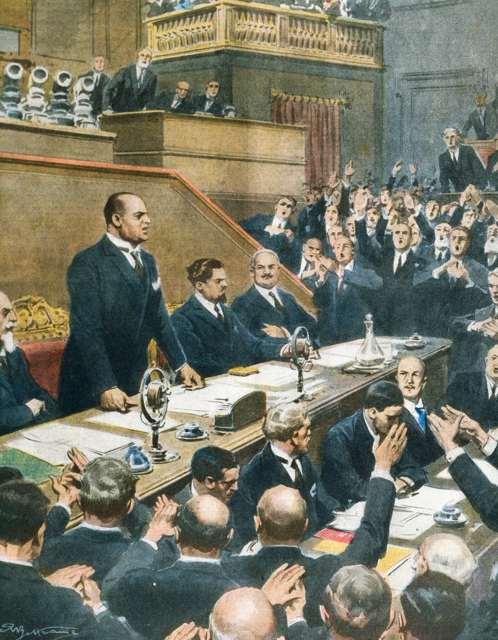 Mussolini anuncia aliança alcançada entre quatro potências ocidentais ao Senado, Achille Beltrame (1871-1945) de La Domenica del Corriere, 7 de junho de Achille Beltrame