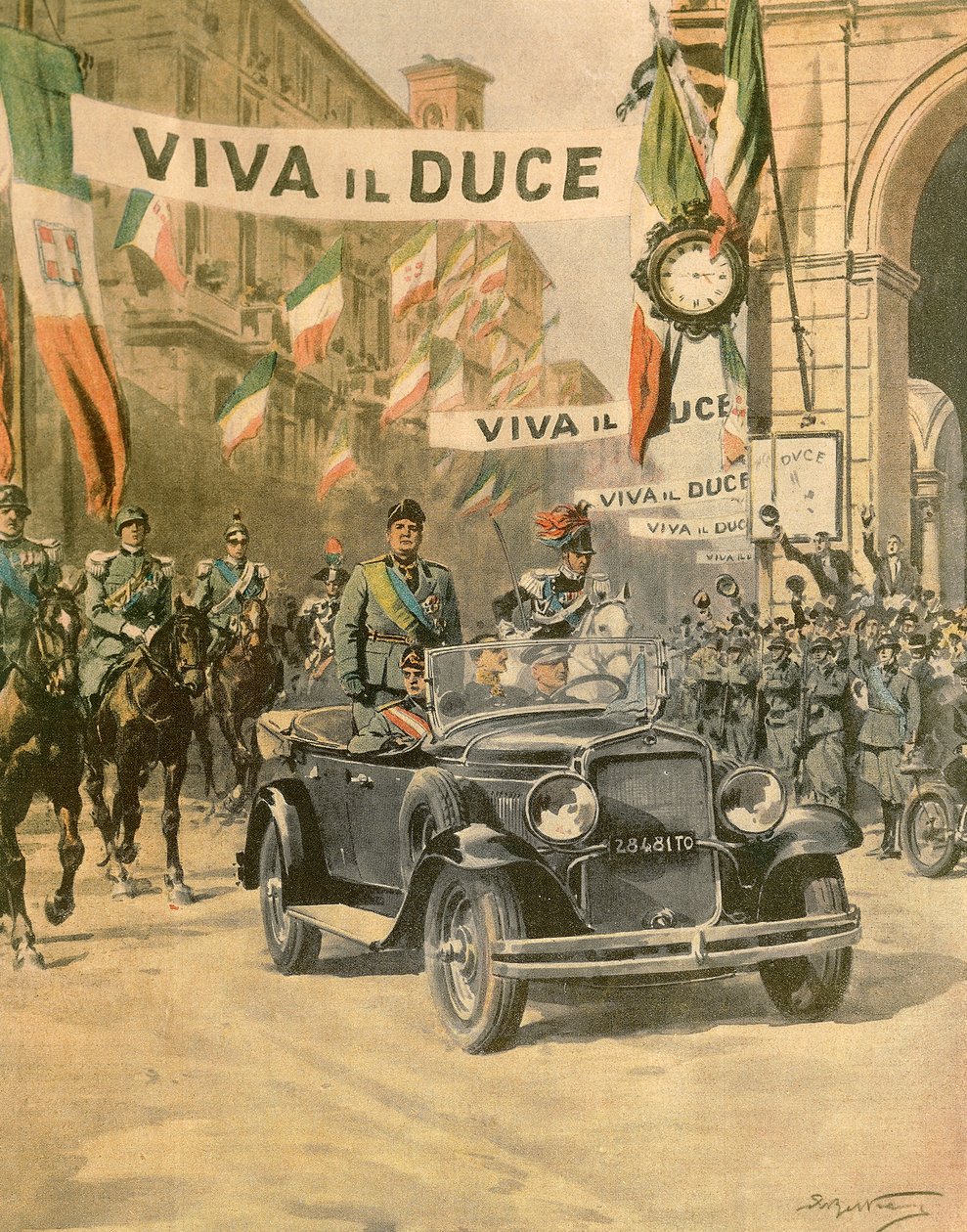 A chegada triunfal de Mussolini a Turim, por Achille Beltrame (1871-1945) a partir da edição de La Domenica del Corriere, outubro de 1932 de Achille Beltrame