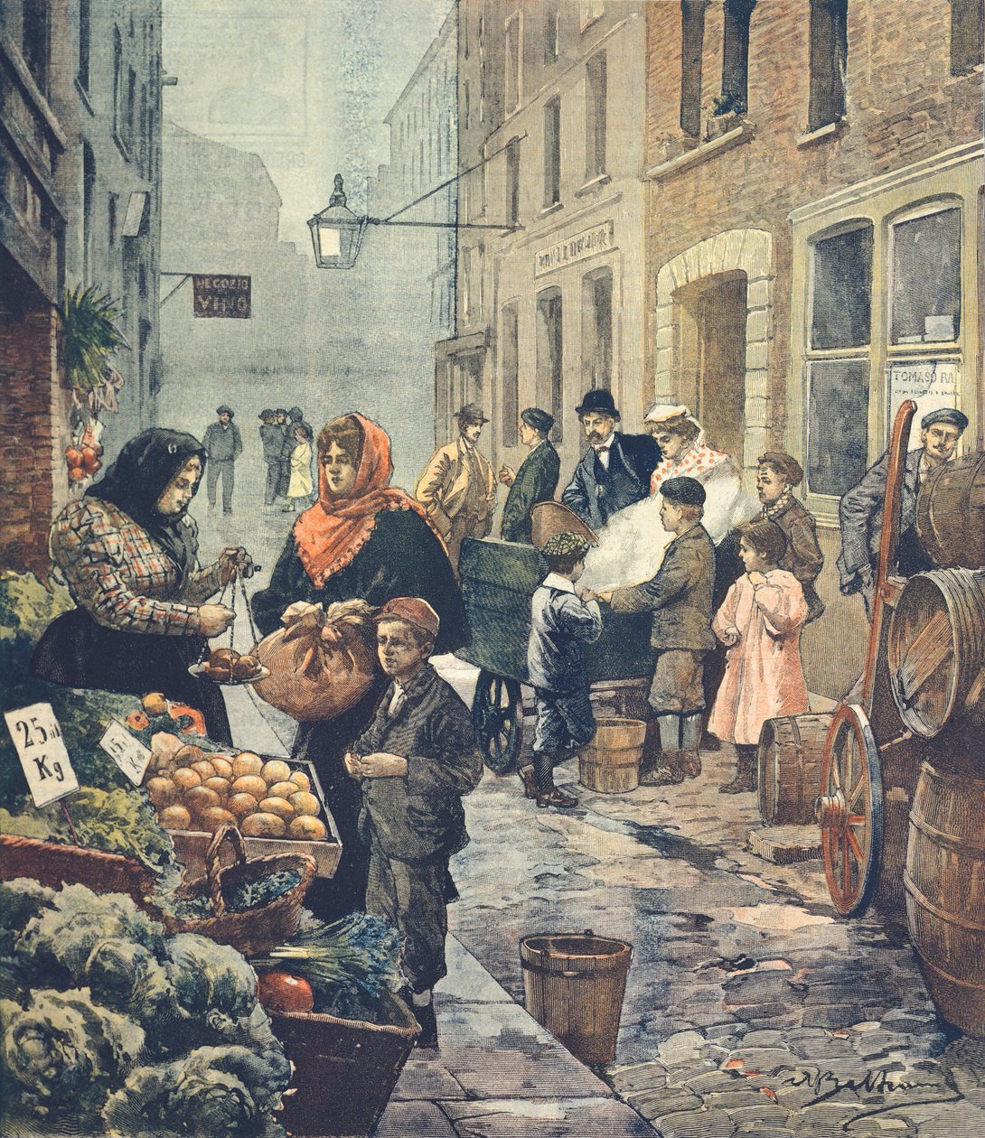 Uma das ruas mais características do bairro italiano, Soffron Hill, Londres, por Achille Beltrame (1871-1945) de La Domenica del Corriere de Achille Beltrame