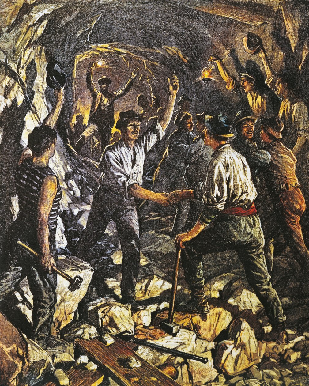 Abertura do primeiro trecho do túnel ferroviário do Simplon entre Arona e Meina, por Achille Beltrame (1871-1945), de La Domenica del Corriere, 25 de outubro de 1903 de Achille Beltrame