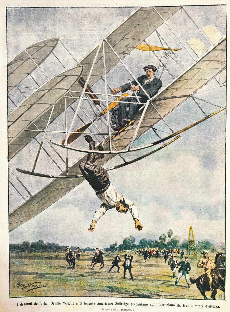 Orville Wright e o Tenente Seliridge mergulhando com biplano de trinta metros, Estados Unidos da América, ilustração de Achille Beltrame de La Domenica del Corriere, 11 de outubro de Achille Beltrame