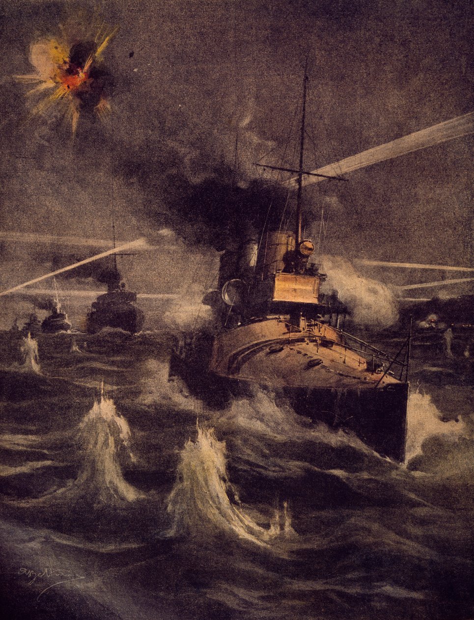 Nossos torpedeiros fazendo ousada incursão no Estreito de Dardanelas sob fogo inimigo, Por Achille Beltrame (1871-1945), ilustração de La Domenica del Corriere de Achille Beltrame