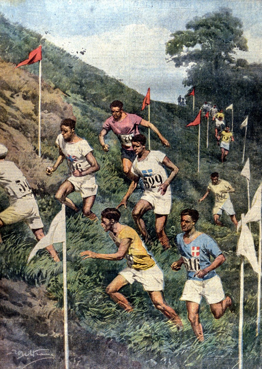 Jogos Olímpicos de Paris: correr com obstáculos naturais: atravessar o país. Ill. de Beltrame. La Domenica del Corriere de Achille Beltrame