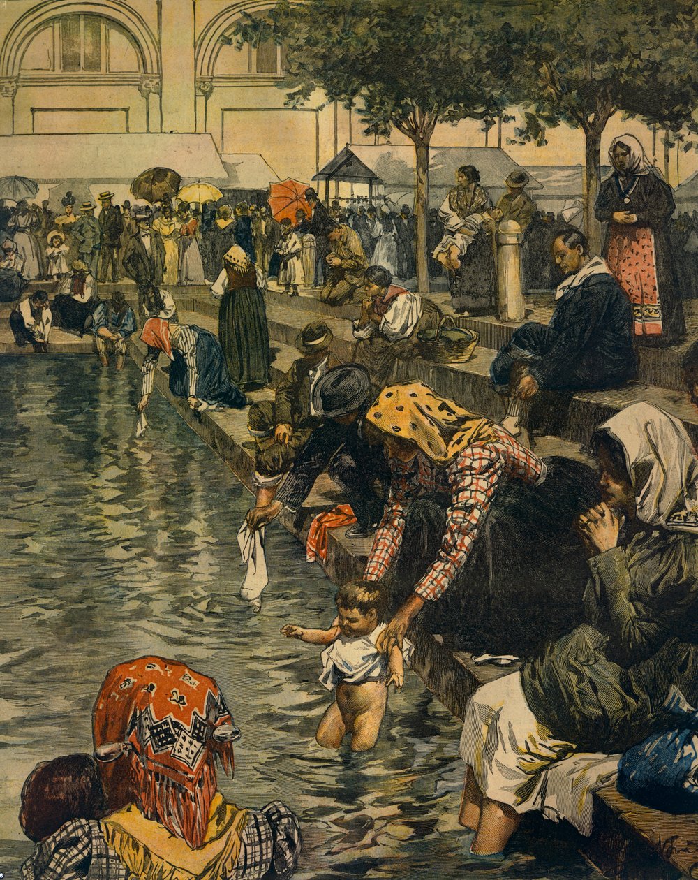 Peregrinação a Caravaggio: Banho em águas milagrosas, por Achille Beltrame (1871-1945), de La Domenica del Corriere de Achille Beltrame