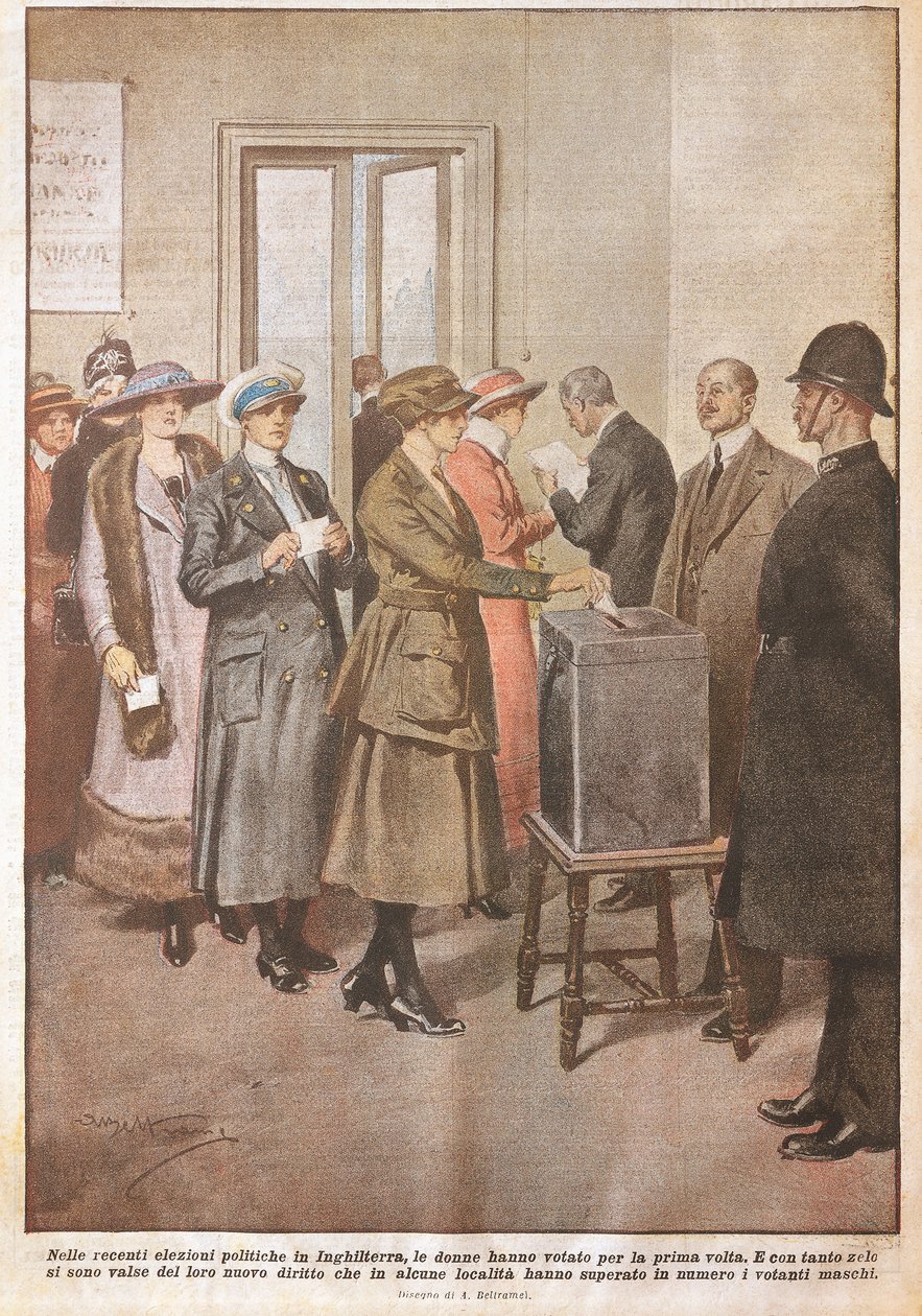 Eleições políticas na Inglaterra: Mulheres votando pela primeira vez, por Achille Beltrame (1871-1945), de La Domenica del Corriere, século XX de Achille Beltrame