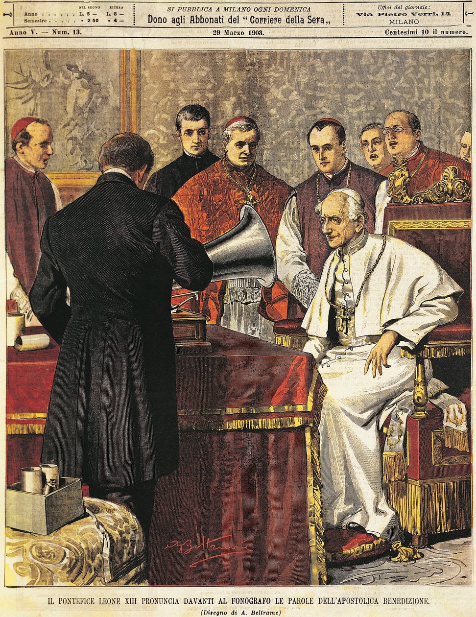 Papa Leone XIII lendo Bênção em gramofone, de Achille Beltrame (1871-1945), de La Domenica del Corriere, 29 de março de 1903 de Achille Beltrame