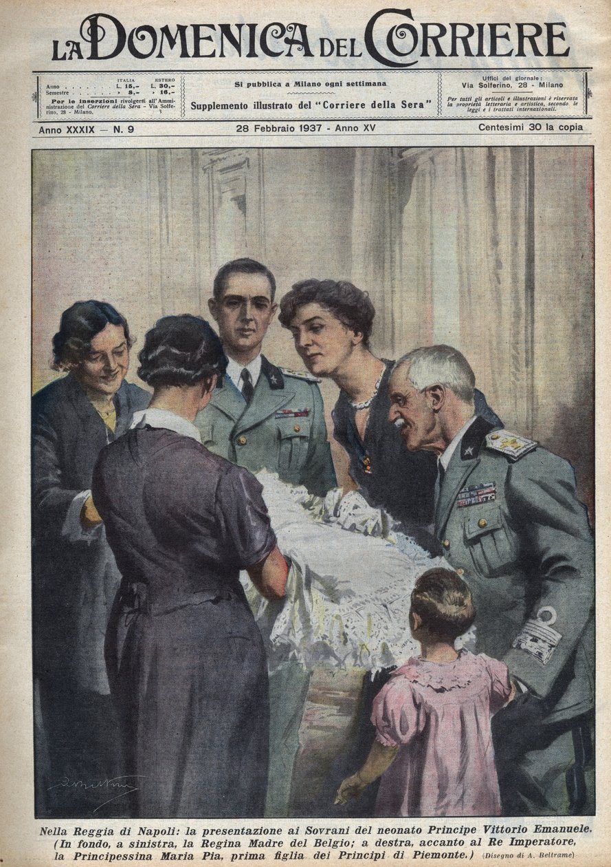 Apresentação do príncipe Vittorio Emanuele, criança, aos soberanos, à esquerda a rainha mãe dos belgas Elisabeth de Baviere (1876-1965), à direita Victor-Emmanuel (Victor Emmanuel) (Vittorio Emanuele) III de Sabóia, e ao fundo Fathe de Achille Beltrame