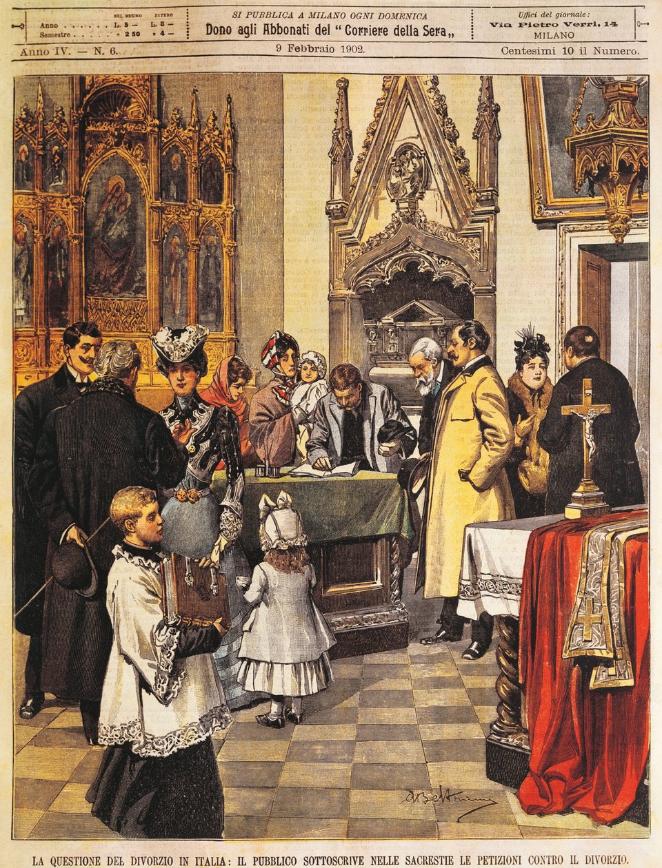 Petição de assinatura pública contra o divórcio em sacristia, por Achille Beltrame, ilustração, Ilustrador Achille Beltrame (1871-1945), de La Domenica del Corriere, 9 de fevereiro de 1902 de Achille Beltrame