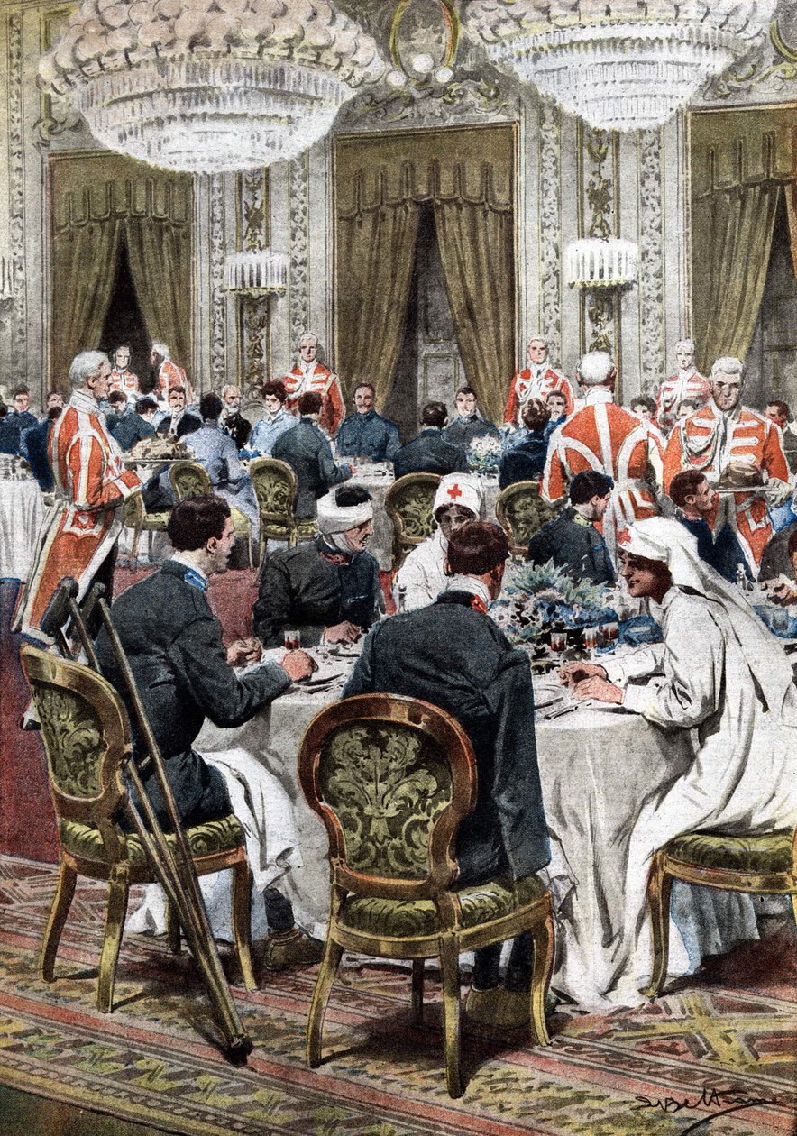 A Rainha da Itália Helena (Elena) de Montenegro recebeu 140 vítimas mutiladas pela guerra no Hospital Quirinale, num sumptuoso banquete. Os convidados almoçaram com os soberanos, os príncipes, o Duque de Génova, a Duquesa de Aosta e o General Diaz. Ill. de de Achille Beltrame