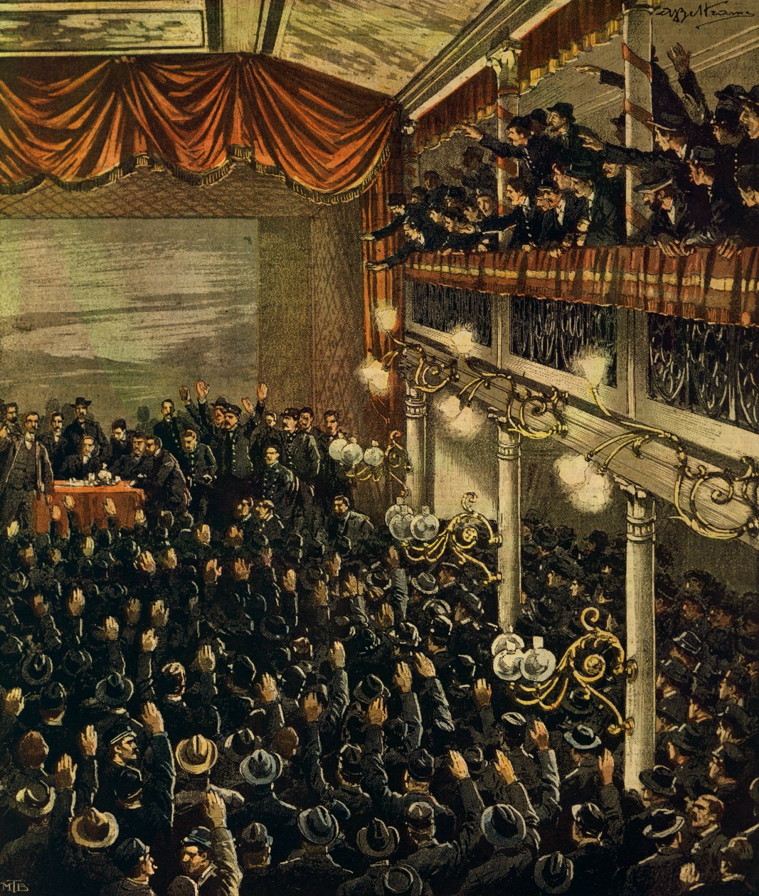 Greve ferroviária em Milão, por Achille Beltrame, ilustração, Ilustrador Achille Beltrame (1871-1945), de La Domenica del Corriere, 30 de abril de 1905 de Achille Beltrame