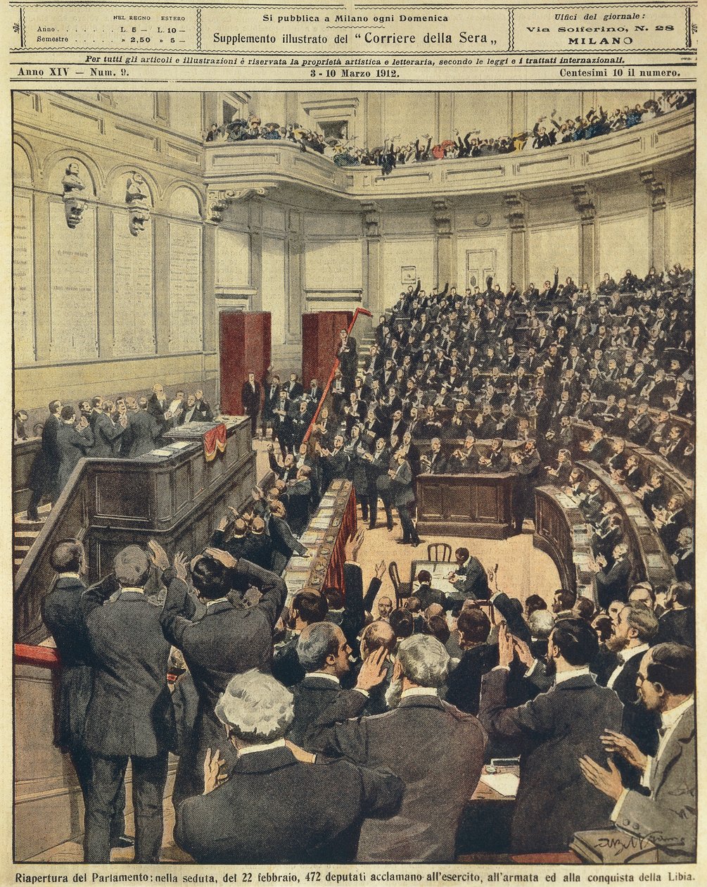 Reabertura do Parlamento Italiano na noite de 22 de Fevereiro, aplaudindo o exército após a sua bem sucedida campanha na Líbia, por Achille Beltrame, ilustração, Ilustrador Achille Beltrame (1871-1945), de La Domenica del Corriere, 3 de Março de 1912 de Achille Beltrame