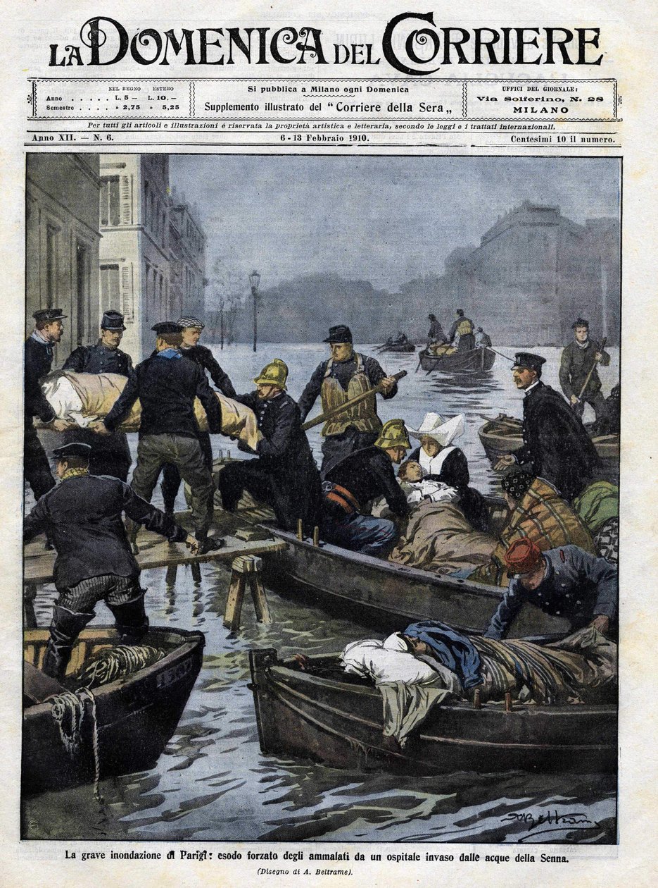 Resgate dos doentes em Paris durante as inundações de fevereiro de 1910. Capa da "domenica del corriere".13 de Fevereiro de 1910 ilustração de Achille Beltrame de Achille Beltrame