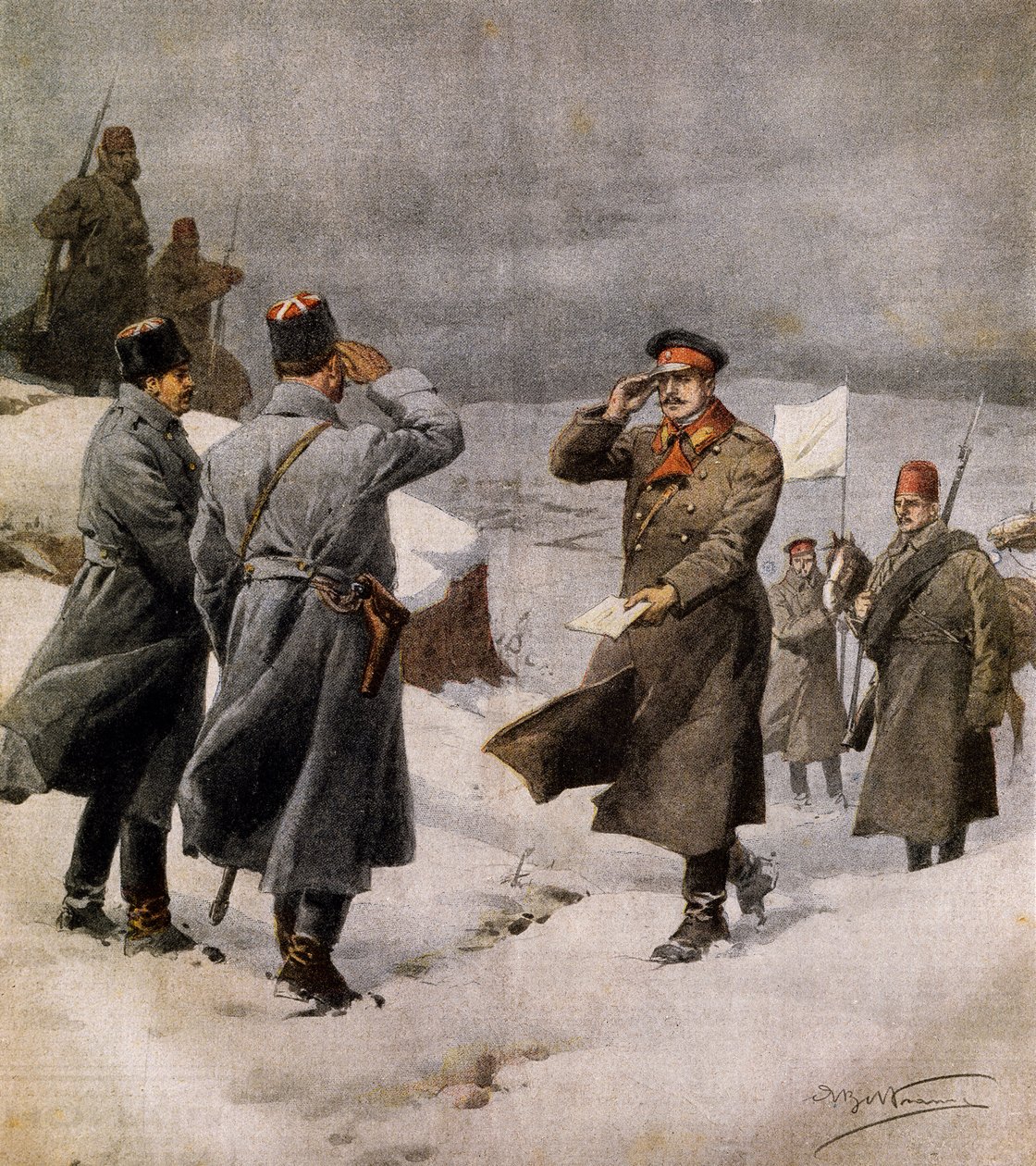 Retomada da guerra, parlamentar turco chegando ao acampamento búlgaro com mensagem anunciando o fim do armistício, Por Achille Beltrame (1871-1945), ilustração de La Domenica del Corriere, 9 de fevereiro de Achille Beltrame