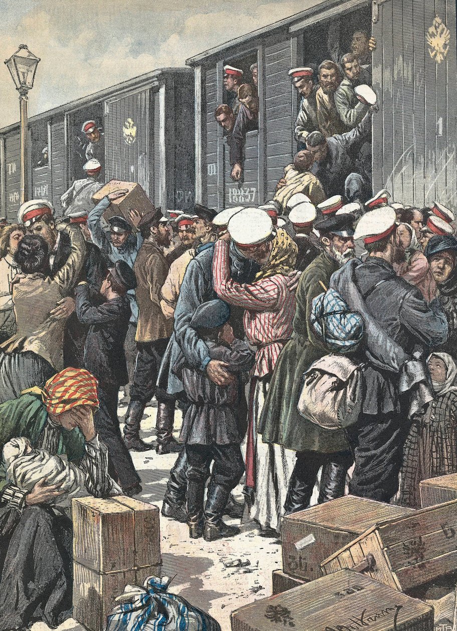 Rússia. Partida de reservistas. Ilustrado por Antonio Beltrame. "La Domenica del Corriere". 9 de outubro. de Achille Beltrame