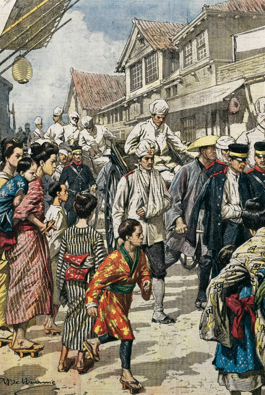 Guerra Russo-Japonesa (1904-1905). Chegada a Tóquio dos primeiros feridos da batalha de Ya-Lu (Fevereiro de 1904). Fotografia de Achille Beltrame para "La Domenica del Corriere". Gravura de "La Domenica del Corriere". de Achille Beltrame