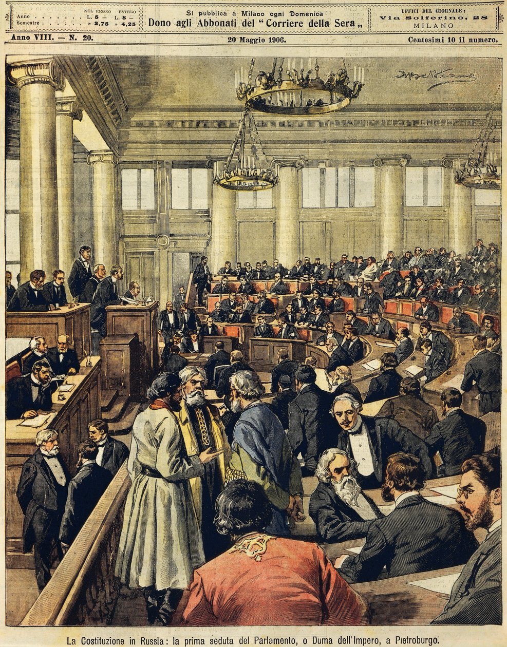 Constituição Russa: primeira reunião do Parlamento em São Petersburgo, por Achille Beltrame (1871-1945), de La Domenica del Corriere, 20 de Maio de 1906 de Achille Beltrame