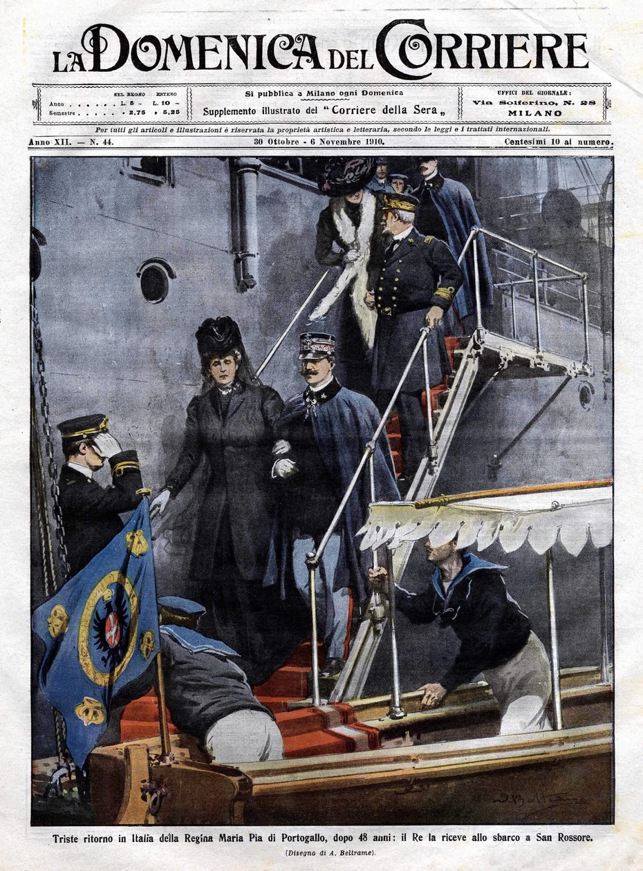 Triste regresso à Itália da rainha Maria Pia de Portugal após 48 anos: o rei italiano Victor Emmanuel III (Victor-Emmanuel) (Vittorio Emanuele) recebeu-o em San Rossore, na Toscana. Ilustração de Beltrame. La Domenica del Corriere. 6/11/1910. de Achille Beltrame