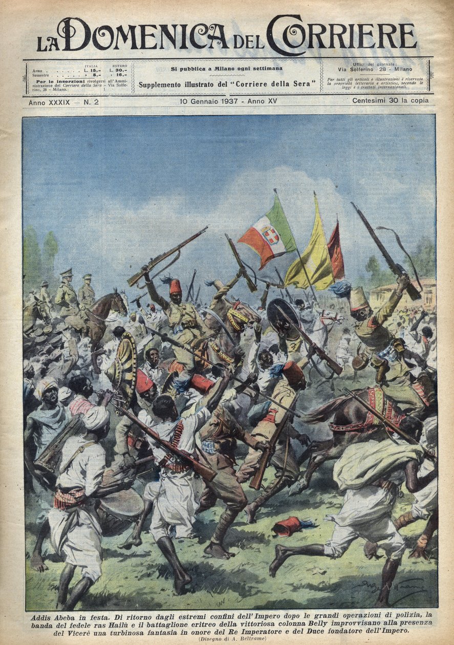 Cena de alegria em Adis Abeba (Adis Abeba), Etiópia, regresso de Ras Hailou das grandes operações policiais. Desonra em honra do Duce (Benito Mussolini) e do Rei da Etiópia. Ilustração de Achille Beltrame em "La domenica del corriere" 10/01/1937. de Achille Beltrame