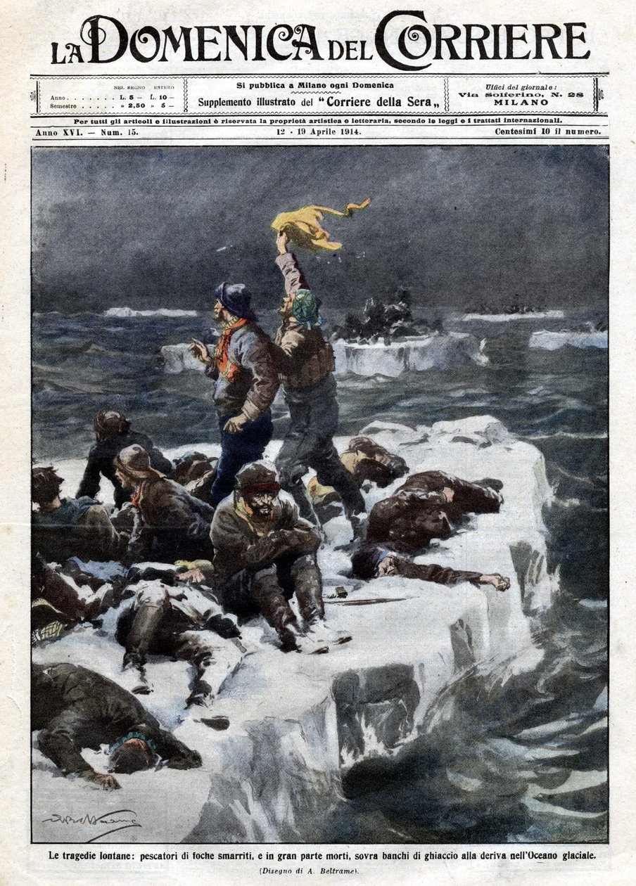 Os pescadores de focas, alguns dos quais morreram, permaneceram encalhados no oceano à deriva do gelo. Ill. de Beltrame. "La Domenica del corriere". 12-19/04/1914. de Achille Beltrame