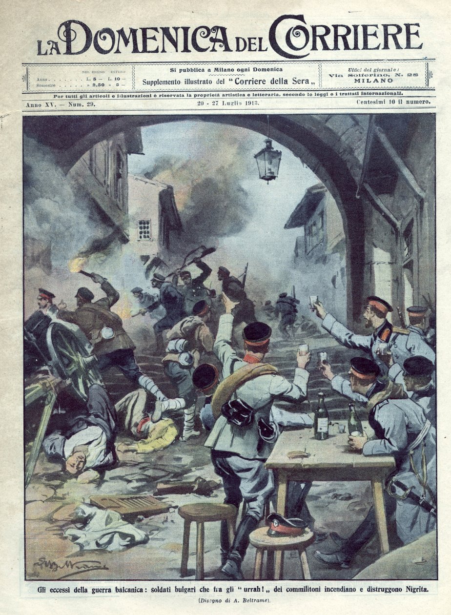 Segunda Guerra dos Balcãs (1913) entre a Bulgária e a Grécia e a Turquia: Soldados búlgaros ateiam fogo e destroem a Nigrita na Grécia. La Domenica del Corriere. 07/1913. Ilustração de Beltrame. de Achille Beltrame