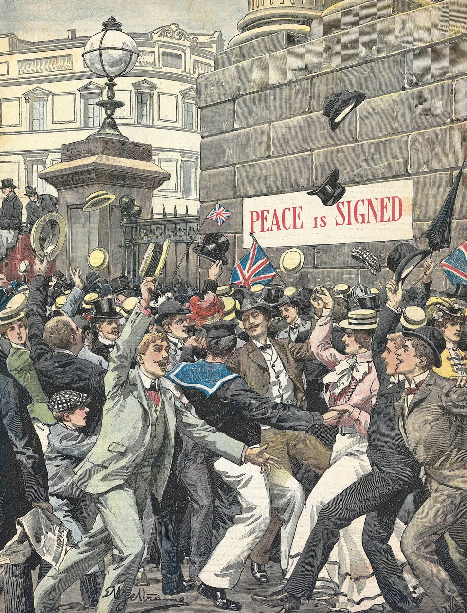 Segunda Guerra Bôer. Anúncio do fim da guerra nas ruas de Londres. Ilustração de Antonio Beltrame. "La Domenica del Corriere" de Achille Beltrame