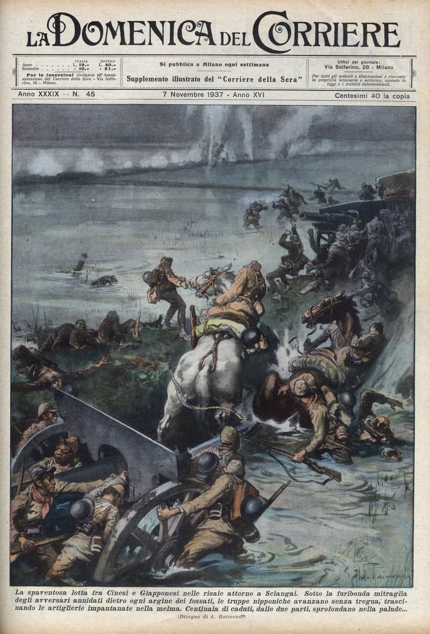 Segunda Guerra Sino-Japonesa (1937-1945): confrontos em campos de arroz perto de Xangai. Ilustração de Achille Beltrame de "La domenica del corriere" de 11/07/1937. de Achille Beltrame