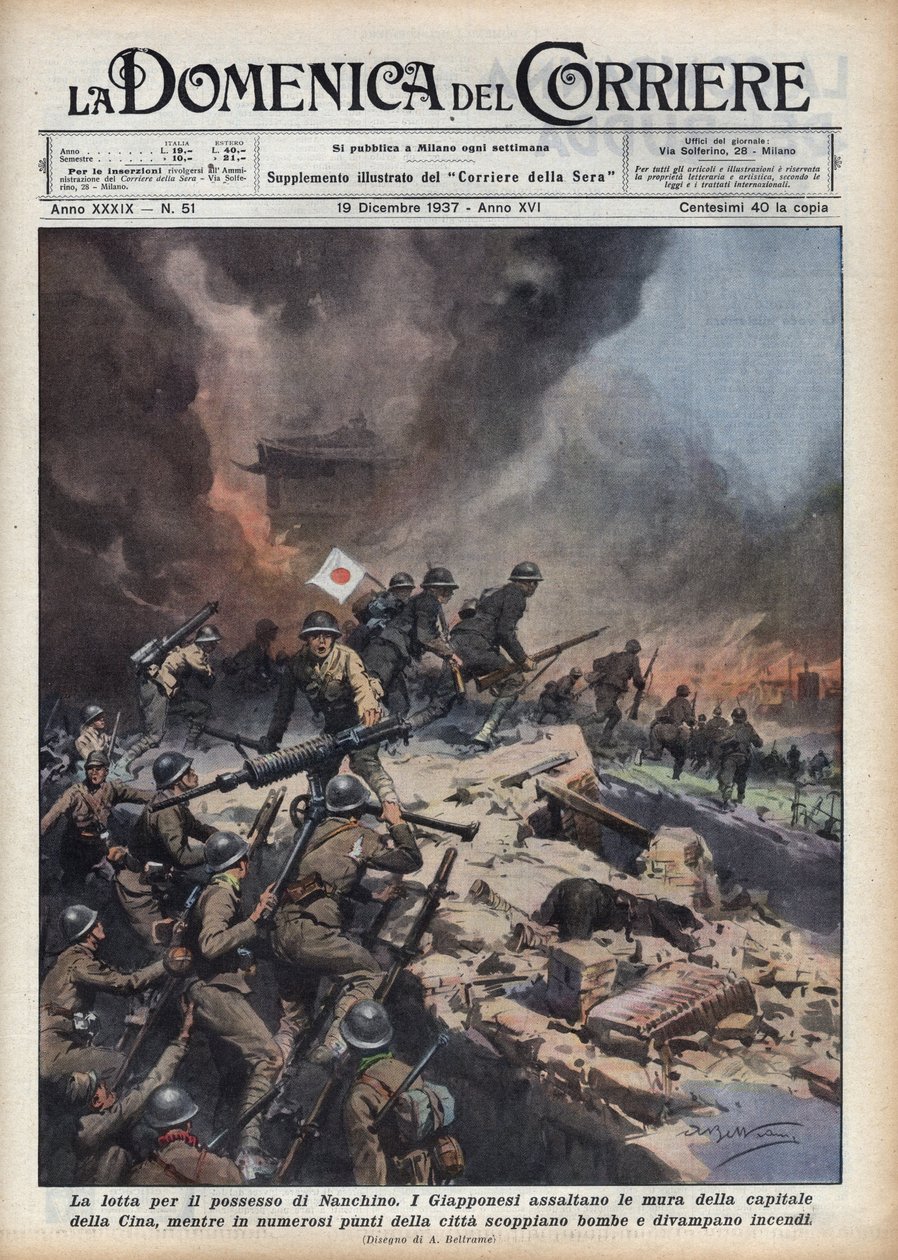 Segunda Guerra Sino-Japonesa (1937-1945): episódio do Massacre de Nanjing (saco ou violação de Nanjing) na época dos conflitos pela posse da região. Ilustração de Achilles Beltrame em "La domenica del corriere" de 19/12/1937 de Achille Beltrame