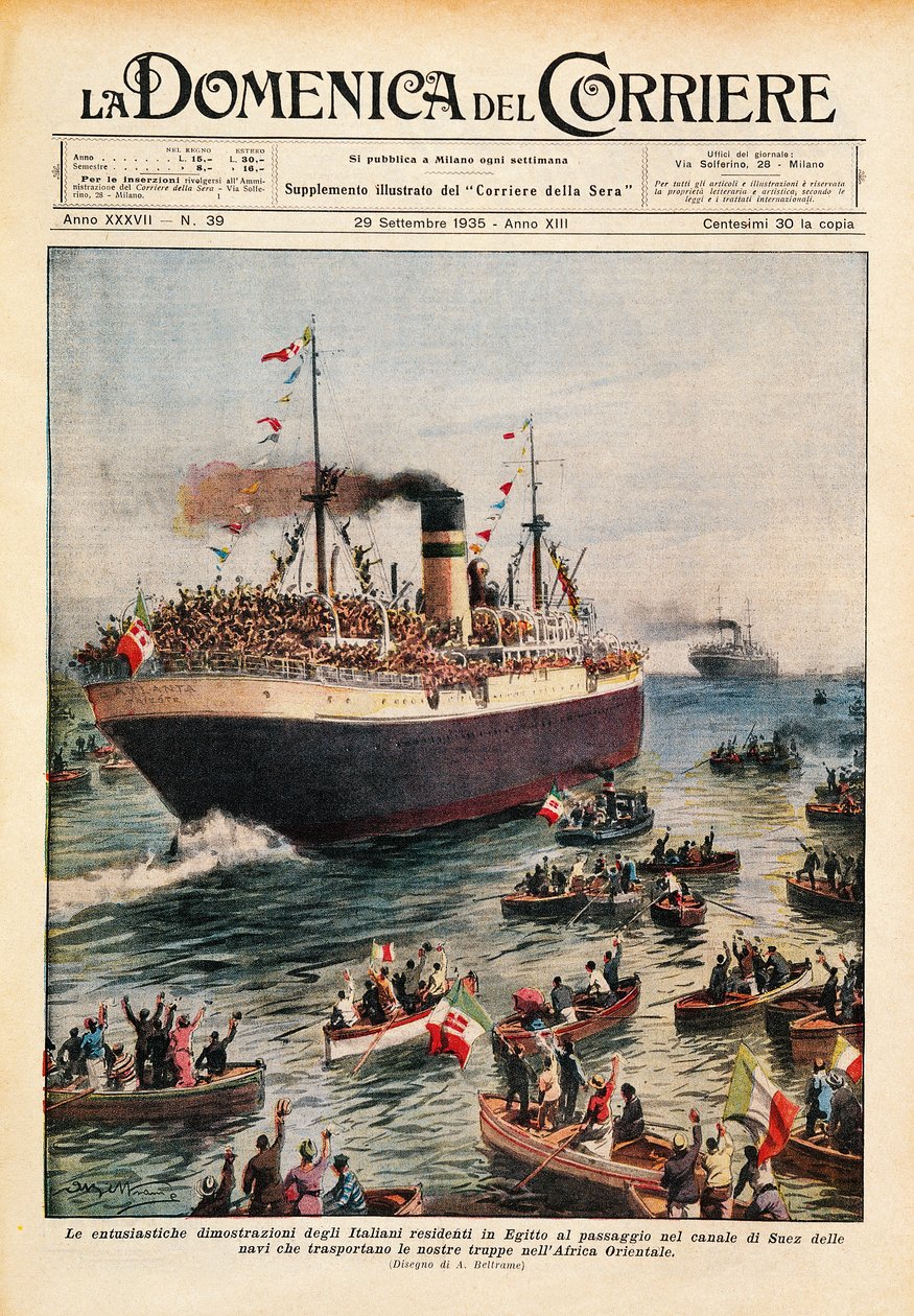 Navios transportando tropas italianas para a África Oriental atravessando o Canal do Suez, ilustração de La Domenica del Corriere, 20 de outubro de Achille Beltrame