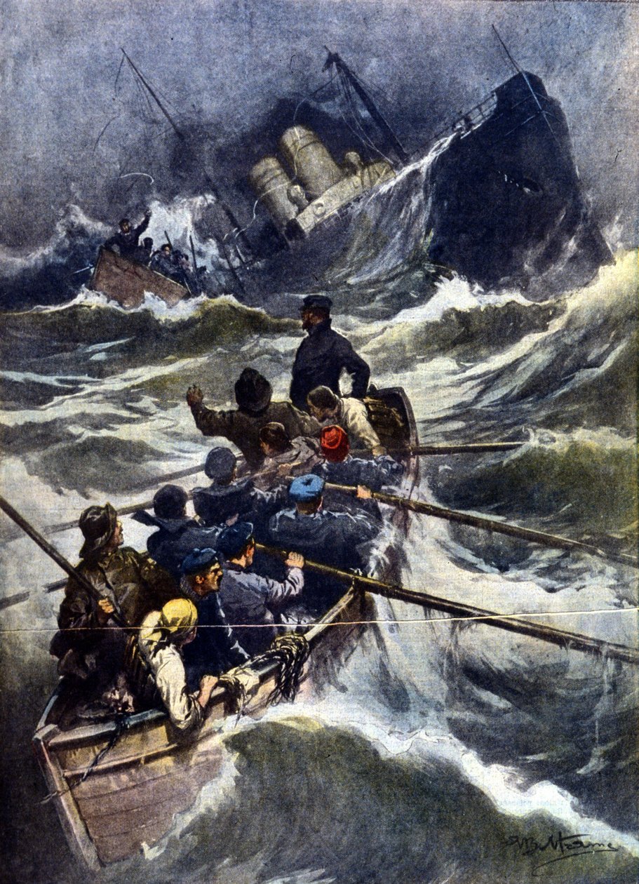 Naufrágio perto de Piombino, na Itália. "La Domenica del Corriere", ilustração de Beltrame. 1910 de Achille Beltrame