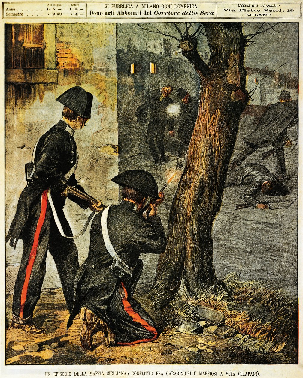 Evento mafioso siciliano, Luta entre carabinieri e mafiosos em Trapani, de Achille Beltrame, ilustração, Ilustrador Achille Beltrame (1871-1945), de La Domenica del Corriere, 31 de dezembro de 1899 de Achille Beltrame
