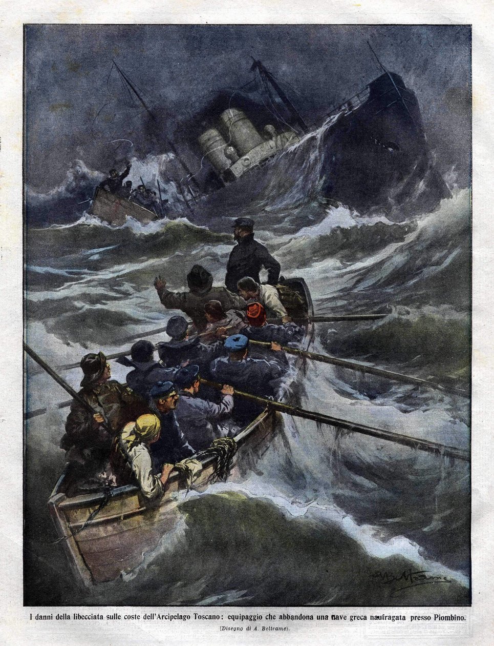 Afundamento de um barco italiano ao largo da Toscana em 1910. ilustração de Achilles Beltrame de Achille Beltrame