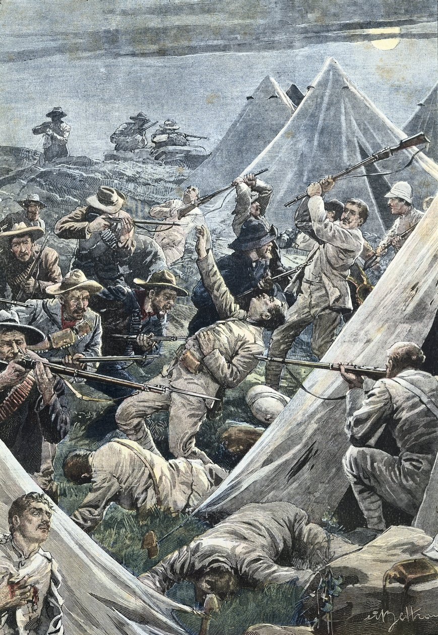 África do Sul. Segunda Guerra bôer. Ataque ao campo inglês de Tweefontein (1902). Ilustração de Achille Beltrame. Gravura. de Achille Beltrame