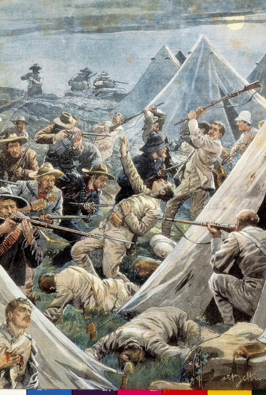 África do Sul. Segunda Guerra bôer. Ataque ao campo inglês de Tweefontein (1902). Ilustração de Achille Beltrame. Gravura. de Achille Beltrame