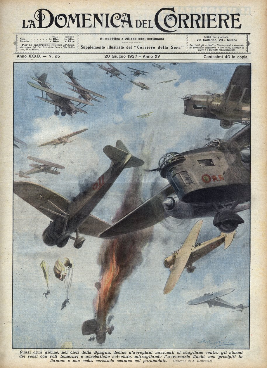 Guerra Civil Espanhola: Confrontos aéreos entre aviões republicanos e nacionalistas sobre a Espanha em guerra. Ilustração de Achille Beltrame em "La domenica del Corriere" de 20/06/1937. de Achille Beltrame