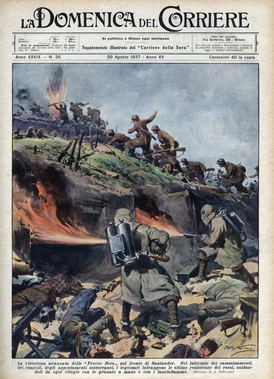 Guerra Civil Espanhola: Atacante das brigadas "Frecce nere" na frente de Santander. Ilustração de Achille Beltrame de "La domenica del corriere" de 29/08/1937. de Achille Beltrame