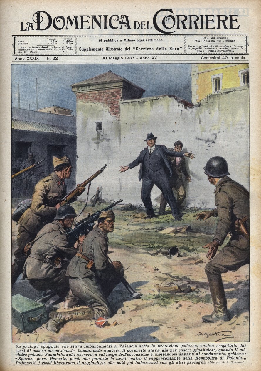 Guerra Civil Espanhola: diplomata polaco capturado ao embarcar em Valência para a Polónia escapou por pouco à execução pelas tropas republicanas, graças à intervenção do ministro polaco Szumiakowski. Ilustração de Achille Beltrame em "La domenica del Corri de Achille Beltrame
