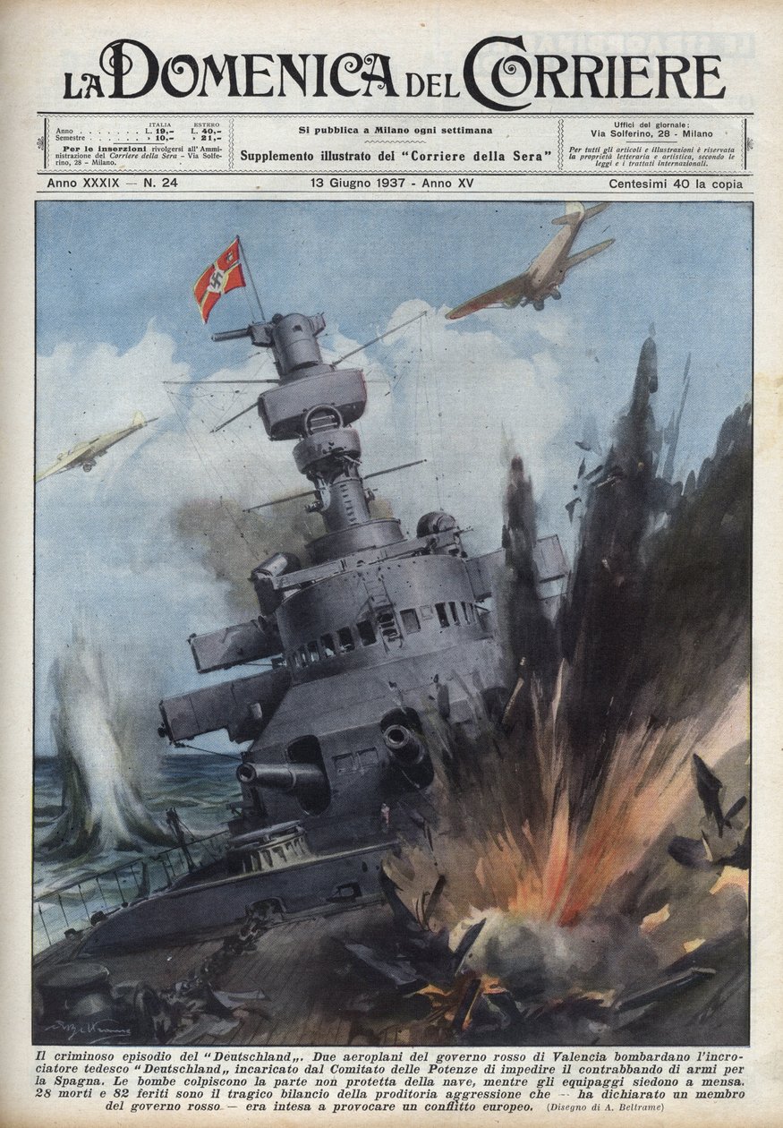 Guerra Civil Espanhola: Dois aviões do governo republicano em Valência bombardearam o cruzador alemão Deutschland para impedir o tráfico de armas para a Espanha. Ilustração de Achille Beltrame em "La domenica del Corriere" de 13/06/1937. de Achille Beltrame