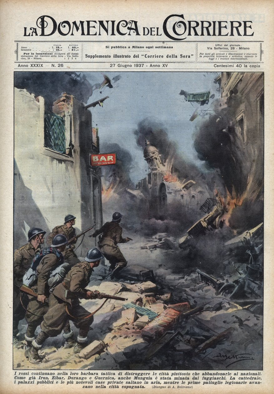 Guerra Civil Espanhola: confrontos nas ruas das cidades bascas, com republicanos destruindo tudo ao invés de deixar as cidades para os nacionalistas. Ilustração de Achille Beltrame em "La domenica del Corriere" de 27/06/1937. de Achille Beltrame