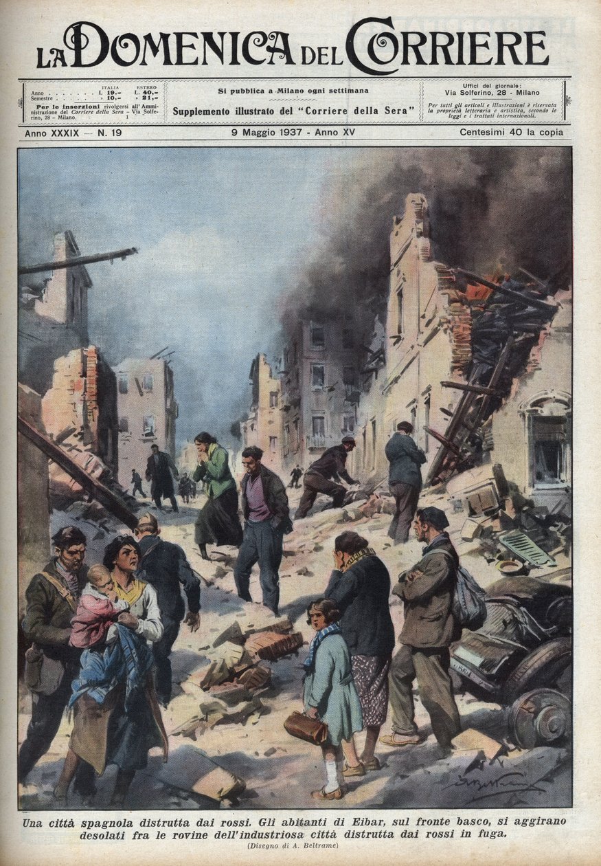 Guerra Civil Espanhola: vista das ruínas da cidade de Eibar no País Basco devorada pelo vermelho. Ilustração de Achille Beltrame em "La domenica del Corriere" de 09/05/1937. de Achille Beltrame