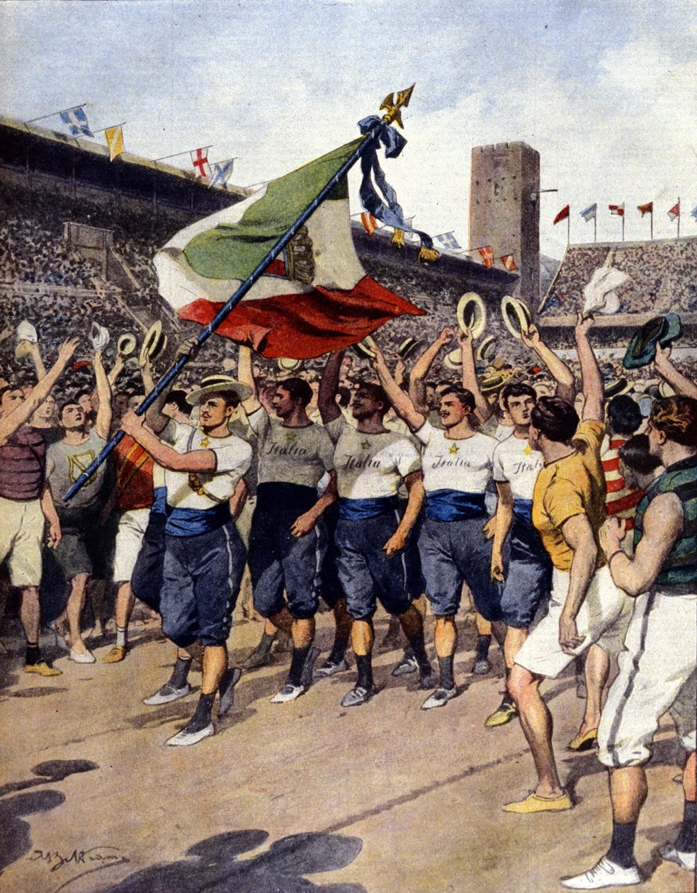 Os Jogos Olímpicos de Estocolmo 1912: a equipa vencedora italiana de ginástica. Ill. d