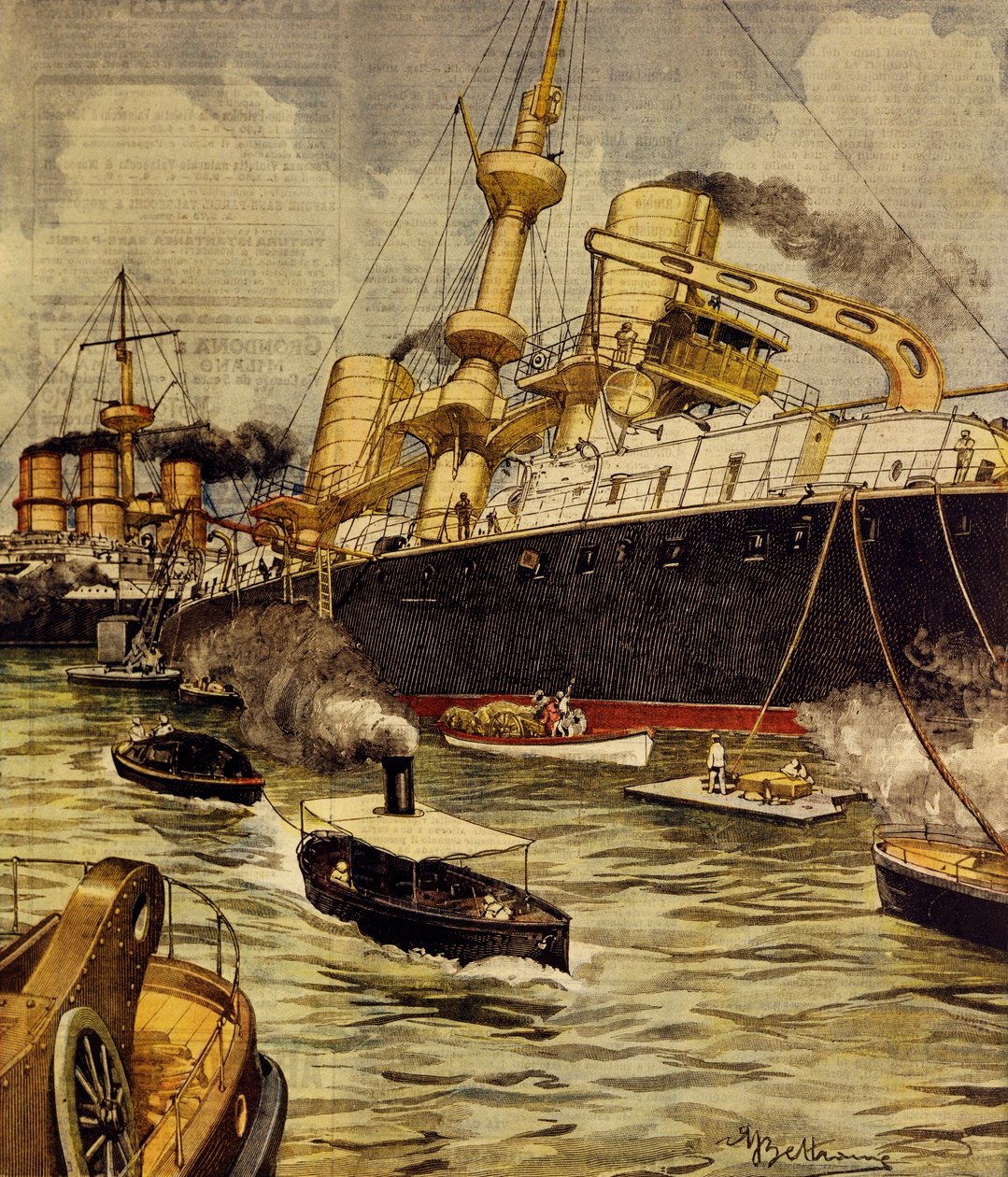 O encouraçado Andrea Doria encalha perto de Gallipoli, por Achille Beltrame (1871-1945), de La Domenica del Corriere de Achille Beltrame