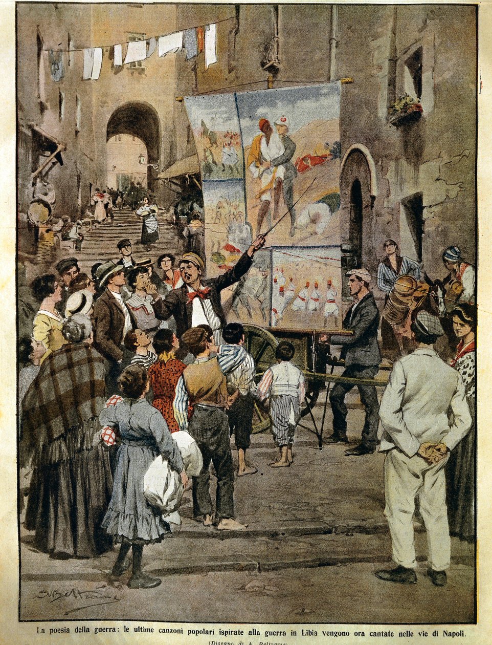 A Domenica del Corriere (jornal dominical italiano) de 8 de dezembro de 1910, canções populares inspiradas na guerra na Líbia sendo cantadas em Nápoles por cantores de balada, por Achille Beltrame, ilustração de Achille Beltrame